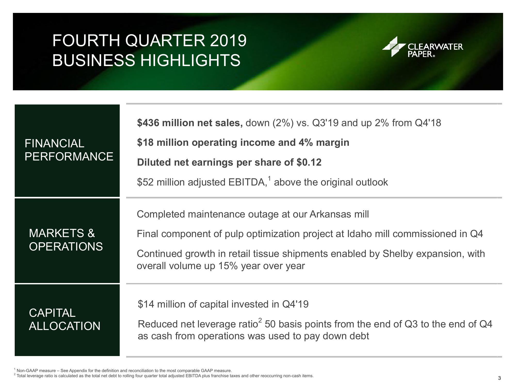 Clearwater Paper Corporation Fourth Quarter and Full Year 2019 Supplemental Information slide image #3